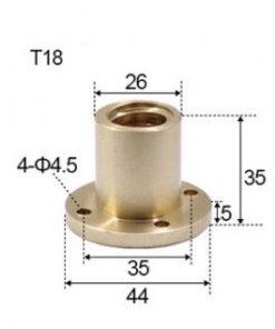 T18 x 4 x 4mm Trapezoidal Thread Flange Brass Nut